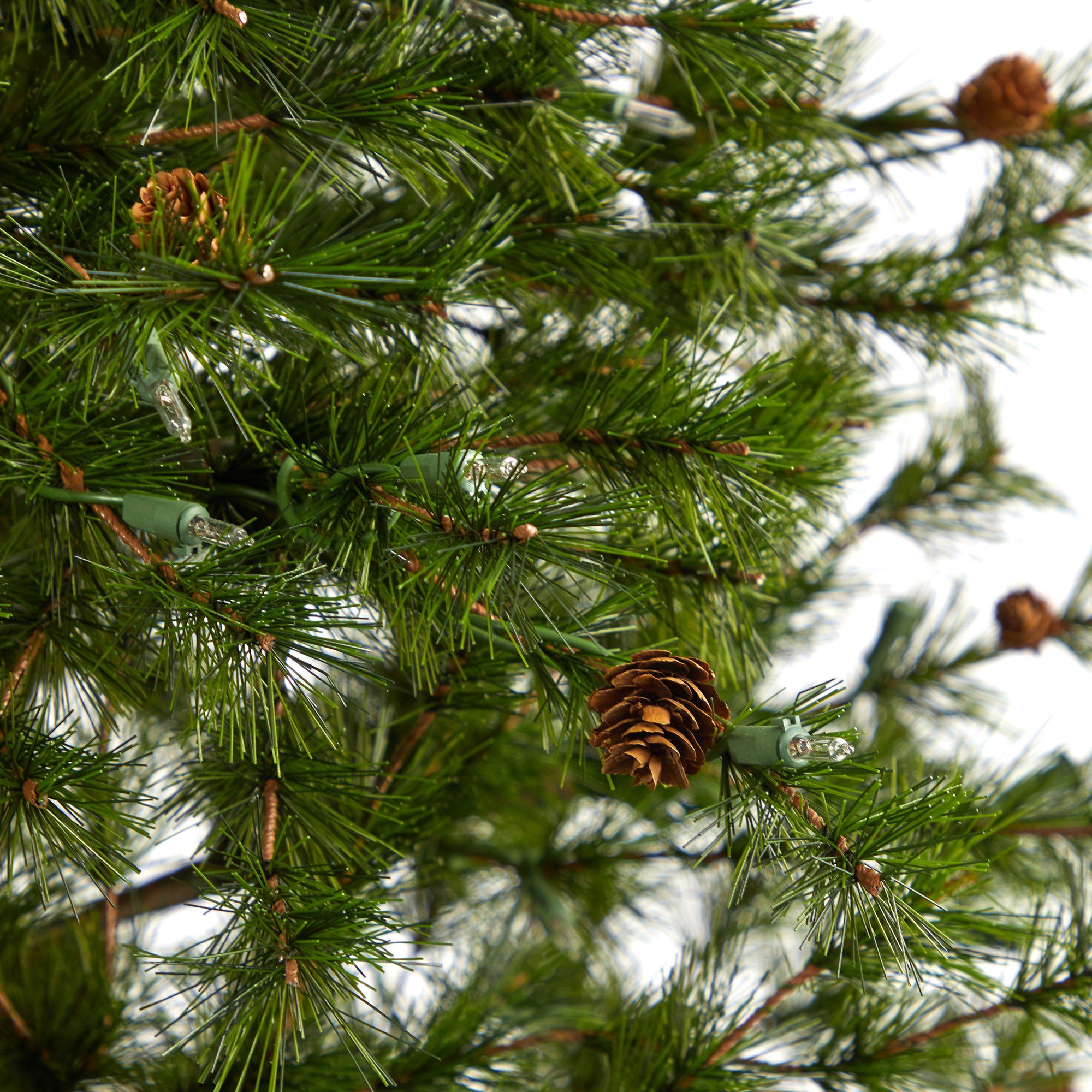 5.5’ Colorado Mountain Pine Artificial Christmas Tree with 250 Clear Lights, 669 Bendable Branches and Pine Cones in Decorative Planter
