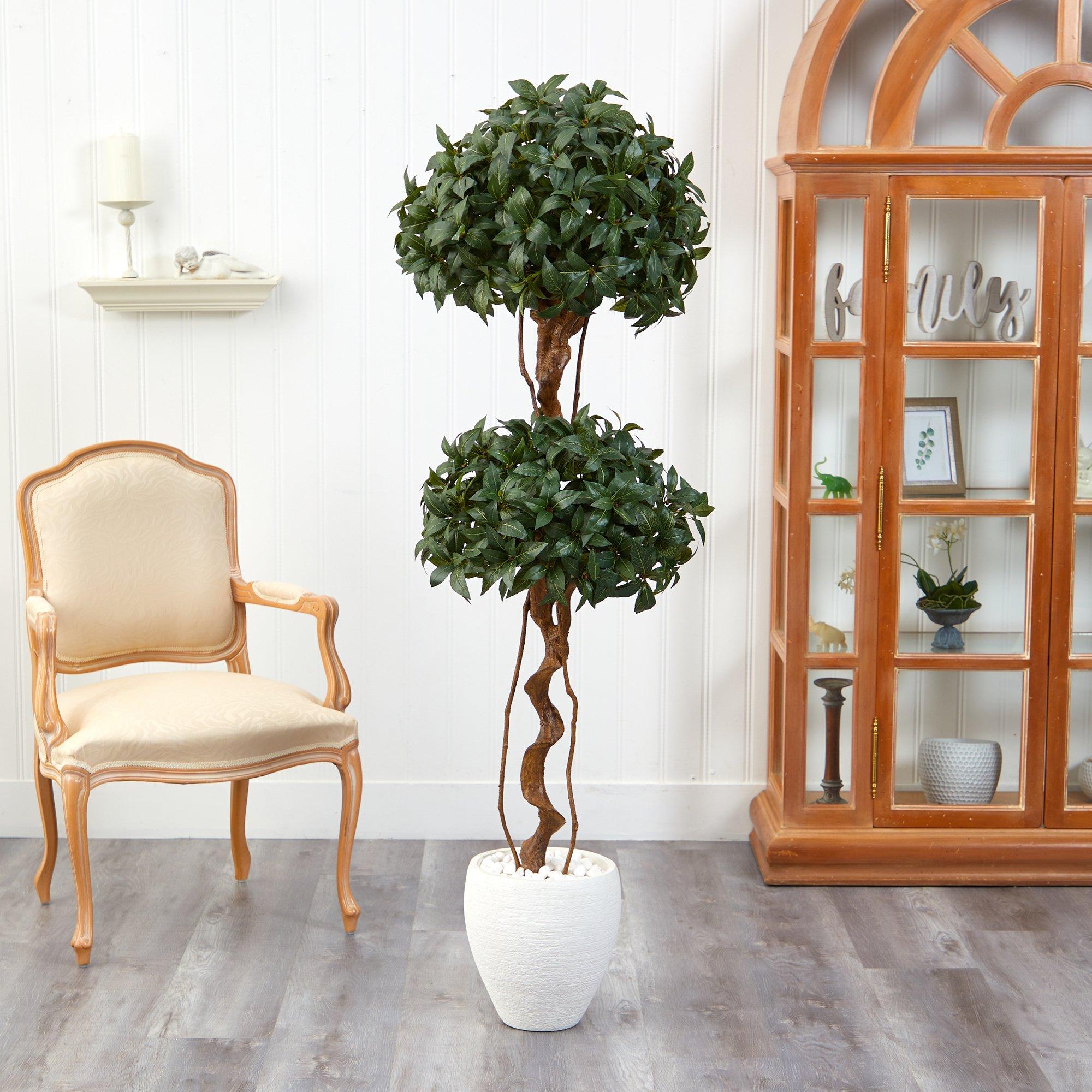 5.5’ Sweet Bay Double Ball Topiary Artificial Tree in White Planter