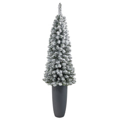 56” Flocked Pencil Artificial Christmas Tree with 100 Clear Lights and 216 Bendable Branches in Gray Planter