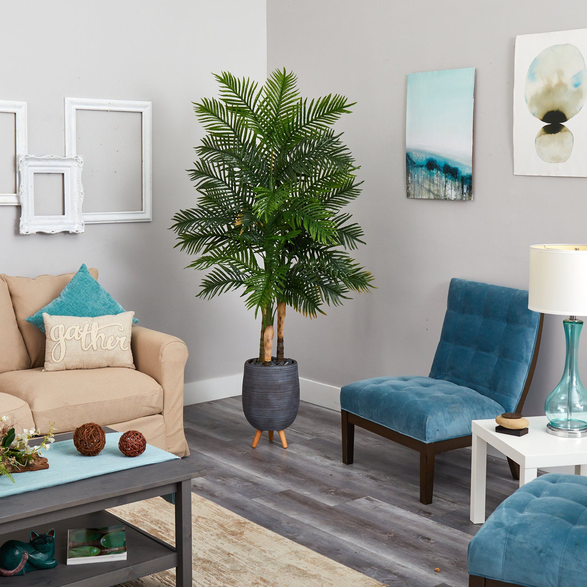 6’ Areca Palm Artificial Tree in Gray Planter with Stand (Real Touch)