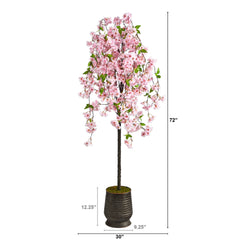 6' Cherry Blossom Artificial Tree in Ribbed Metal Planter