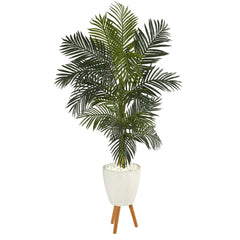 6’ Golden Cane Artificial Palm Tree in White Planter with Stand