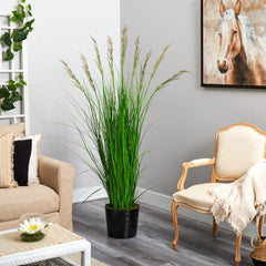 6’ Grass Artificial Plant in Black Tin Planter with Faux Moss