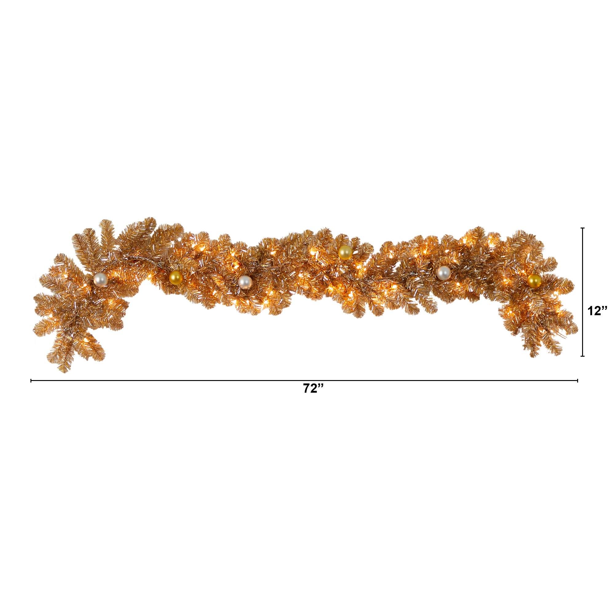 6' Holiday Christmas Golden Garland with Ornaments and 50 Warm White Lights