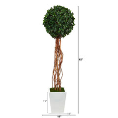 62” English Ivy Single Ball Artificial Topiary Tree in White Metal Planter (Indoor/Outdoor)