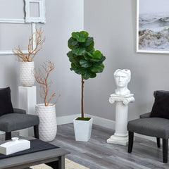 62” Fiddle Leaf Artificial Tree in White Metal Planter