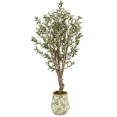 62” Olive Artificial Tree in Floral Print Planter