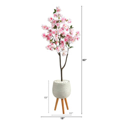 63” Cherry Blossom Artificial Tree in White Planter with Stand