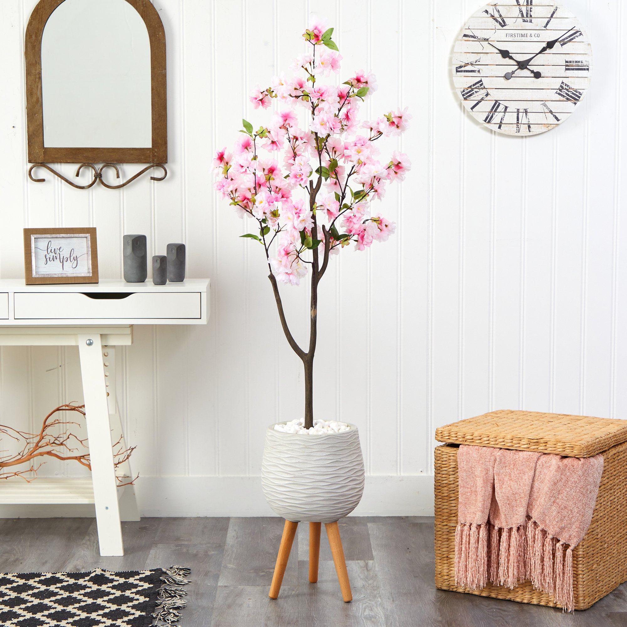 63” Cherry Blossom Artificial Tree in White Planter with Stand
