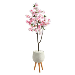 63” Cherry Blossom Artificial Tree in White Planter with Stand