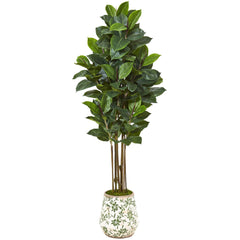 63” Rubber Leaf Artificial Tree in Floral Print Planter