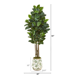 63” Rubber Leaf Artificial Tree in Floral Print Planter