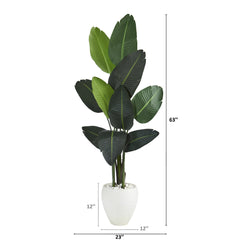 63” Traveler's Palm Artificial Tree in White Planter