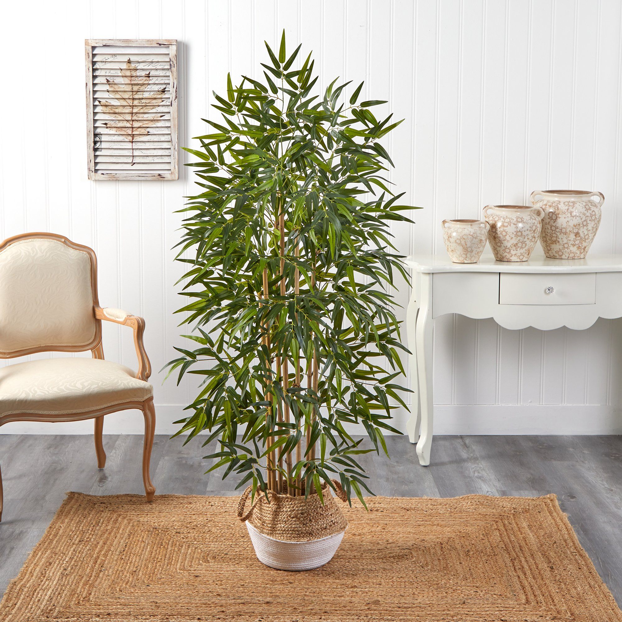 64” Bamboo Tree with Natural Bamboo Trunks in Boho Chic Handmade Cotton & Jute White Woven Planter