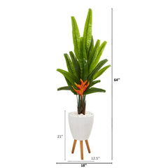 64” Traveler's Palm Artificial Tree in White Planter with Stand