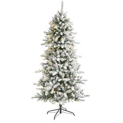 6.5’ Flocked Livingston Fir Artificial Christmas Tree with Pine Cones and 300 Clear Warm LED Lights