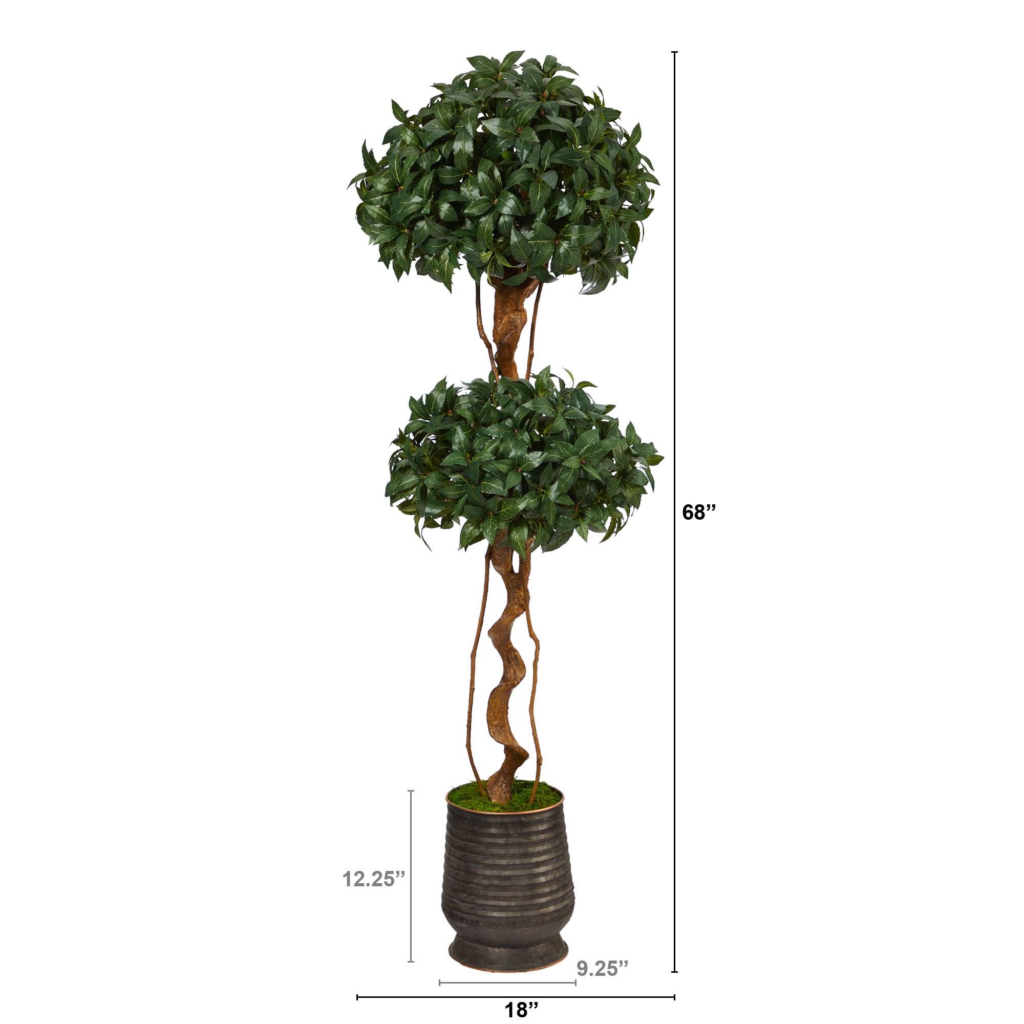 68” Sweet Bay Double Ball Topiary Artificial Tree in Ribbed Metal Planter