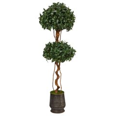 68” Sweet Bay Double Ball Topiary Artificial Tree in Ribbed Metal Planter