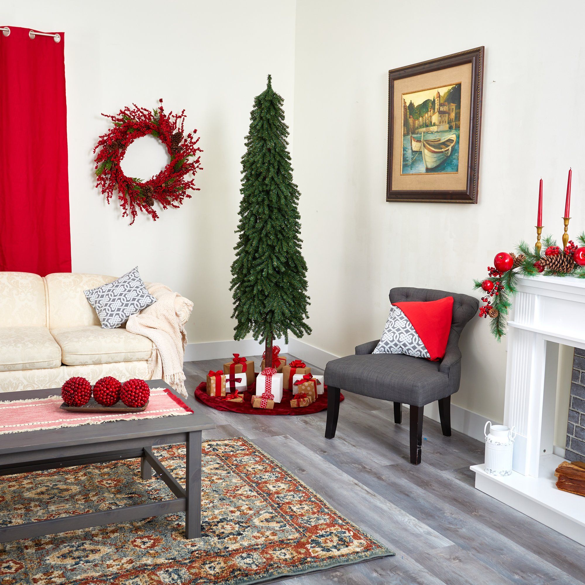 7’ Grand Alpine Artificial Christmas Tree with 950 Bendable Branches on Natural Trunk