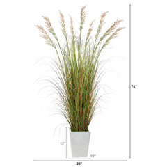 74” Grass Artificial Plant in White Metal Planter