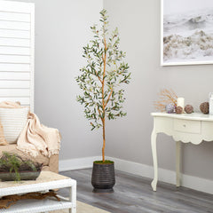 74” Olive Artificial Tree in Ribbed Metal Planter