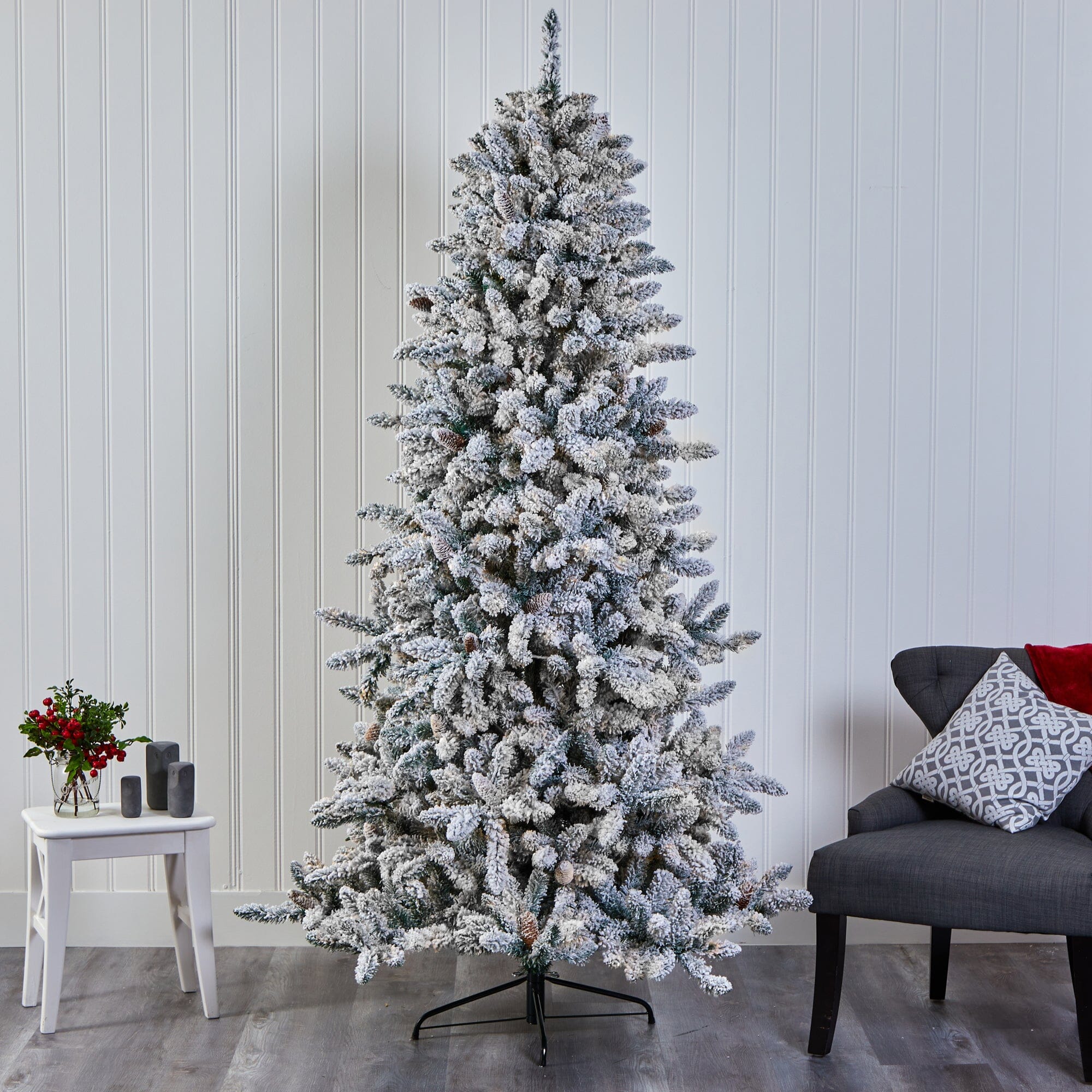 7.5’ Flocked Livingston Fir Artificial Christmas Tree with Pine Cones and 1336 Bendable Branches