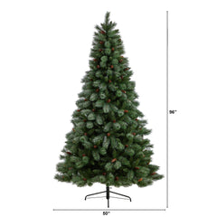 8’ Snowed French Alps Mountain Pine Christmas Tree with 1159 Bendable Branches and Pine Cones