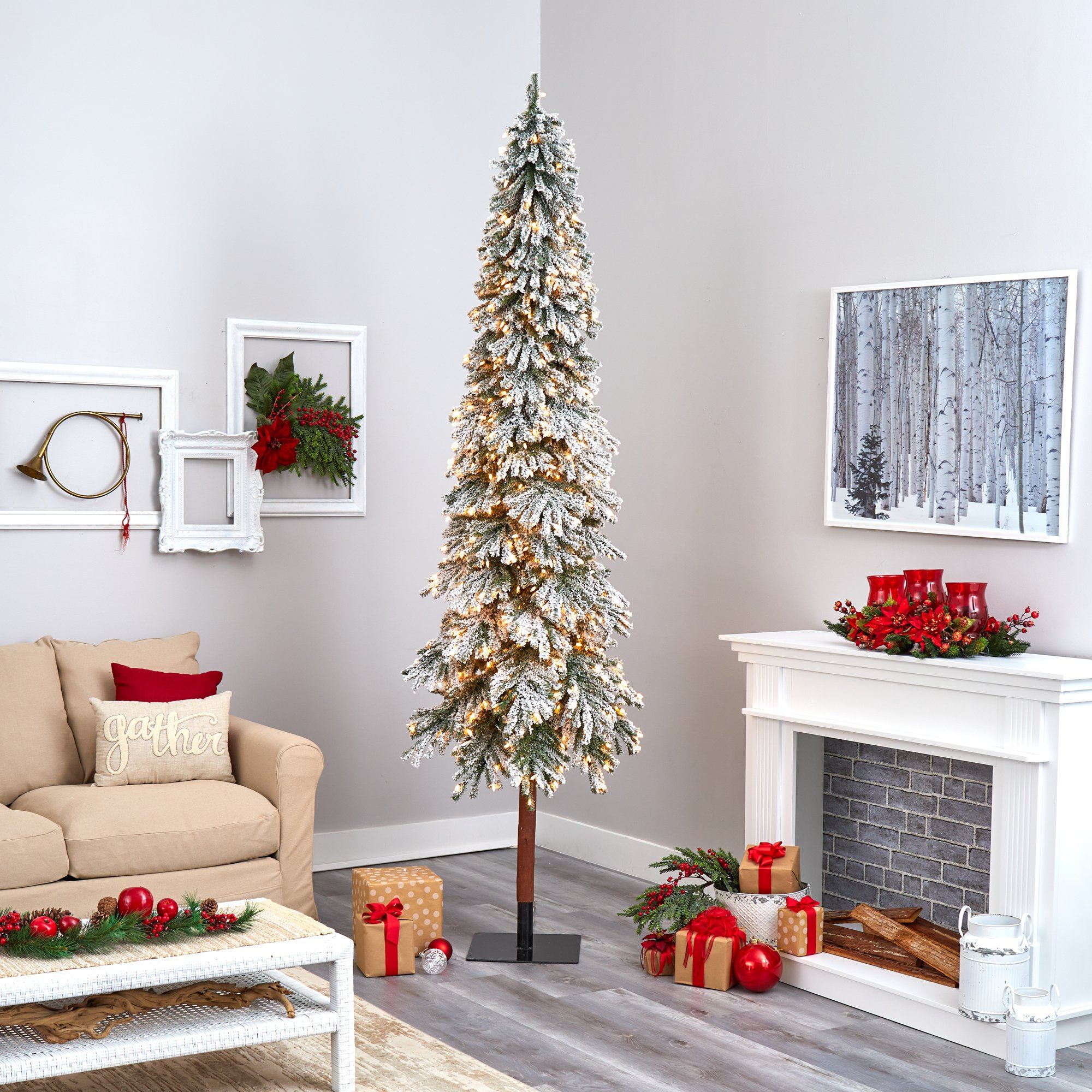 9’ Flocked Grand Alpine Artificial Christmas Tree with 600 Lights and 1183 Branches on Natural Trunk