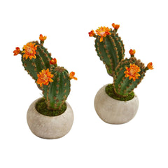 9” Flowering Cactus Succulent Artificial Plant in Stone Planter (Set of 2)