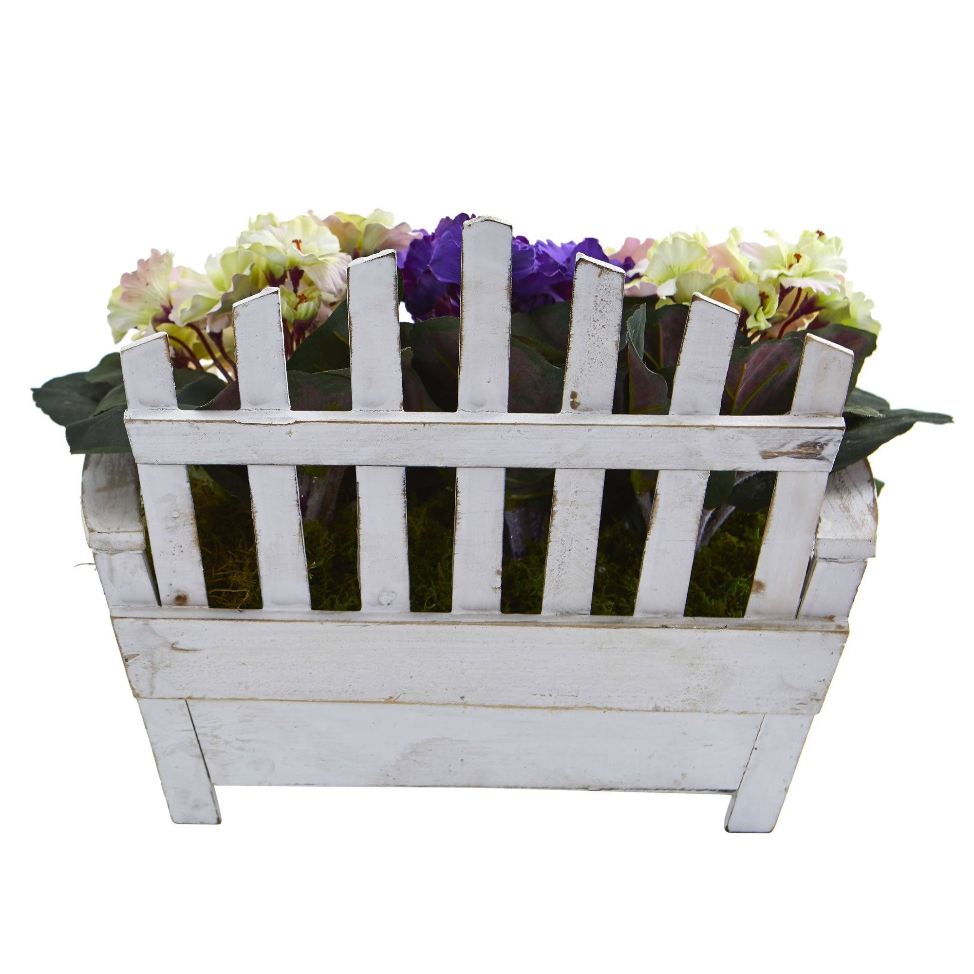 African Violet Artificial Plant in Wooden Bench Planter
