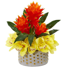 Cymbidium Orchid and Bromeliad Artificial Arrangement