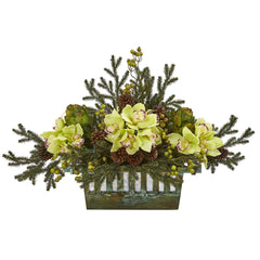 Cymbidium Orchid, Artichoke, Pine and Berries Artificial Arrangement