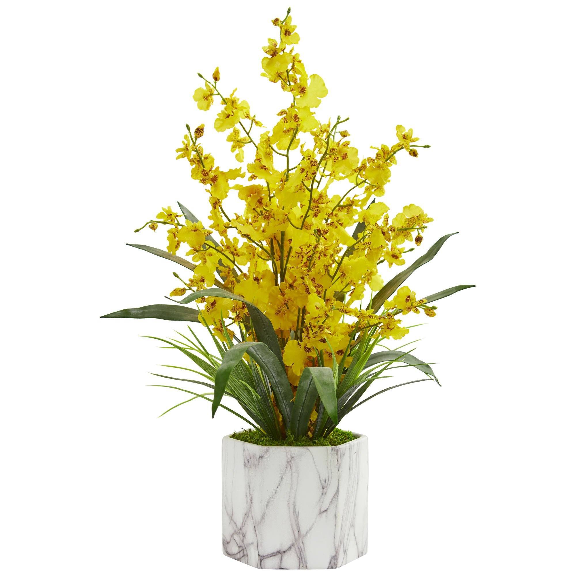 Dancing Lady Orchid Artificial Arrangement in Marble Finished Vase