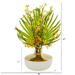 Forsythia and Fan Palm Artificial Arrangement