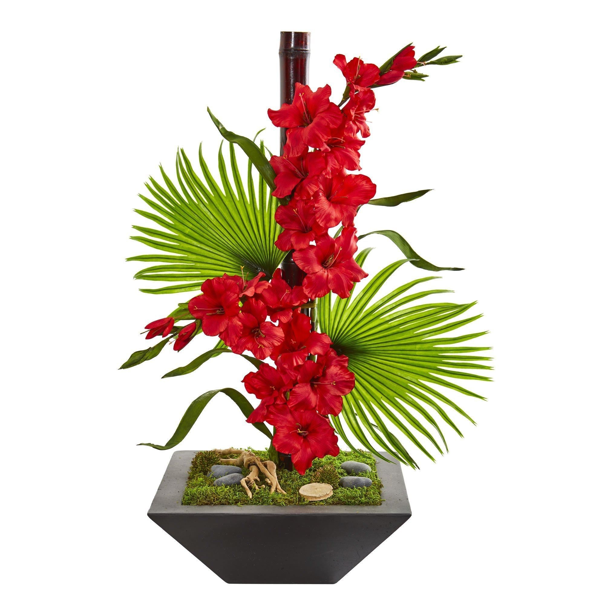 Gladiolas and Fan Palm Artificial Arrangement in Black Vase