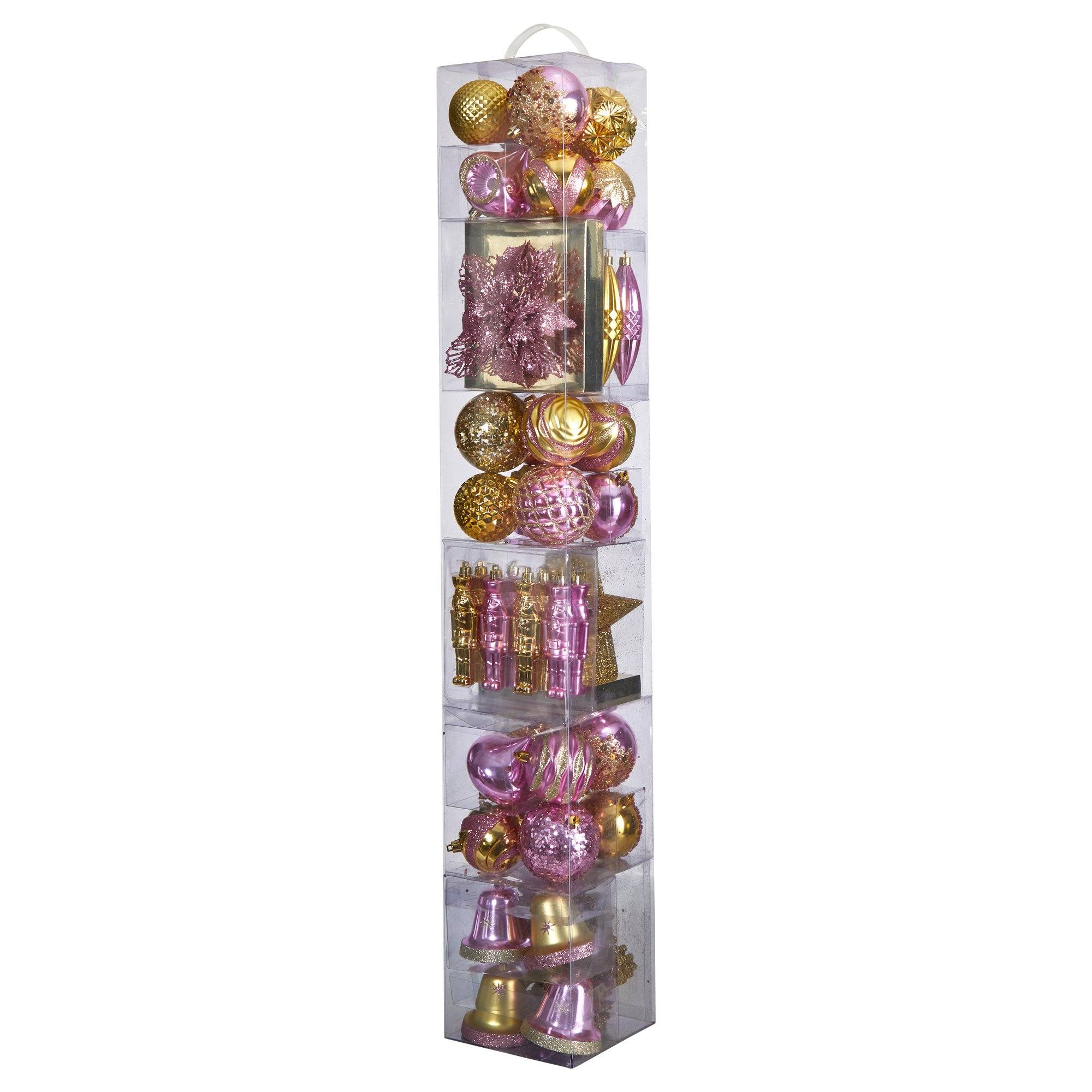 70 Pink and Gold Shatterproof Christmas Tree Ornament Set with Re-Useable Container