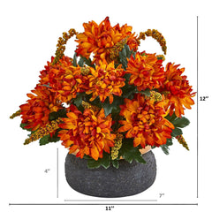Spider Mum and Berries Artificial Arrangement in Stoneware Bowl