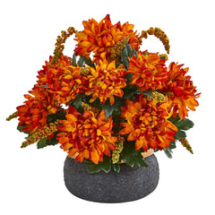 Spider Mum and Berries Artificial Arrangement in Stoneware Bowl