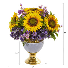 Sunflower and Lilac Artificial Arrangement in Stoneware Urn with Gold Trimming