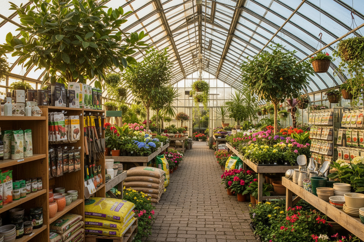Garden center retail store with plants and product displays